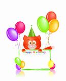 red cat with greeting card and balloons on birthday