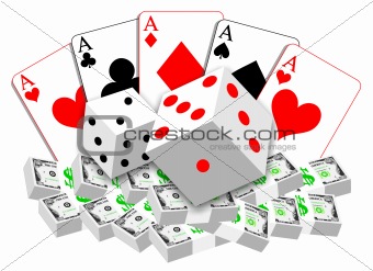 Gambling illustration of cards, dices and money
