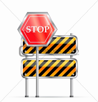 stop road sign and striped barrier