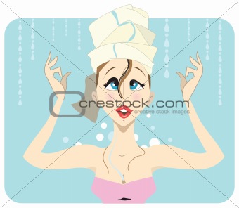 Young brunette taking a shower with curly hair