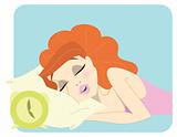 Cute redhead woman sleeping next to a clock