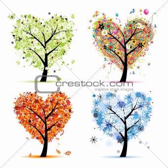 Four seasons - spring, summer, autumn, winter. Art tree heart shape for your design 