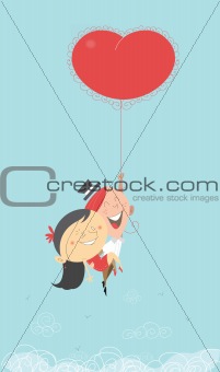 Valentine couple with flying heart balloon