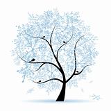 Winter tree, snowflakes. Christmas holiday. 