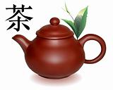 Clay brewing teapot with green sheets of tea