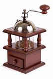 Manual brown wooden coffee grinder isolated