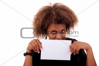beautiful black woman person with blank business card in hand, isolated on white background. Studio shot.