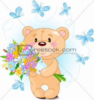 Blue Teddy Bear with flowers