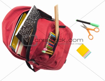 School backpack bursting with supplies
