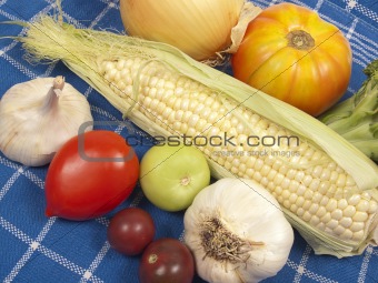 Healthy fresh vegetables on checkered cloth