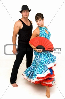 young dancing couple posing and female holding red chinese fan