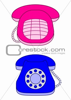 Desktop phones, pink and blue