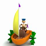 3d wood man on toy boat isolated on white