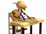 3d wood man is writing a letter isolated