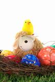 Easter basket with eggs, sheep and chicks