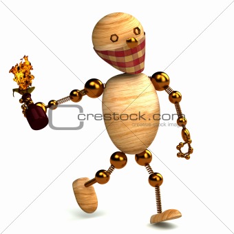 3d wood man with a molotov cocktail isolated