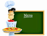 cook with pizza and menu
