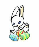 Vector Illustration of Cute Easter Bunny and Colorful Easter Eggs