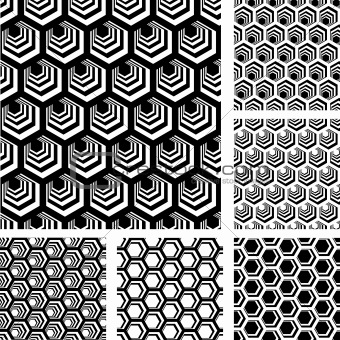 Seamless geometric patterns. Designs set with hexagonal elements.