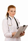 Red hair doctor with stethoscope holding notes