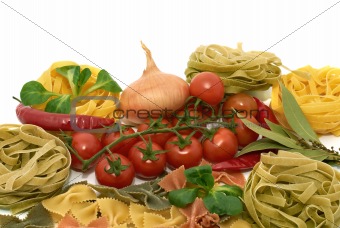 Italian pasta tagliatelle and farfalle with vegetables