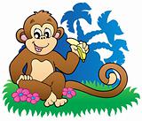 Monkey eating banana near palms