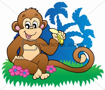 Monkey eating banana near palms