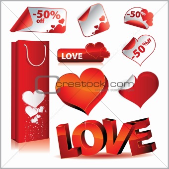 Vector icon set, love, stickers and bag