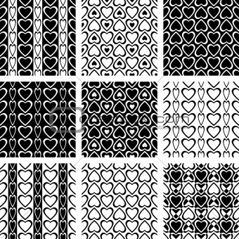 Seamless patterns set with heart-shaped elements.