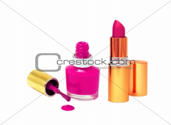 Spilled Pink Nail Polish and Pink Lipstick isolated on white