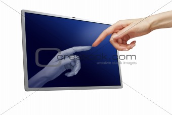 woman hand touching computer monitor over white background