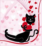 love the black cat with red heart on a pink background