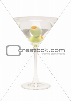 Martini glass with olives isolated on white background