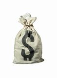 money bag with US dollars isolated on white background