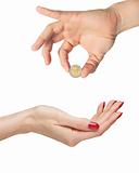 woman hand and man hand with coin isolated on white