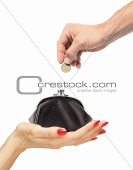 Leather wallet in woman hand and man hand with coin