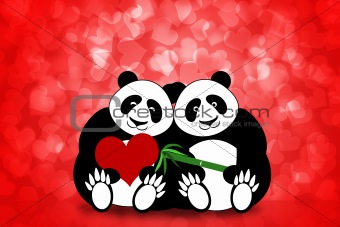 Happy Valentines Day Panda Couple Hearts Bokeh