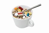 cup of multicolored tablets and capsules with spoon