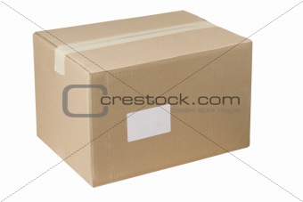 closed shipping cardboard box whit white empty label