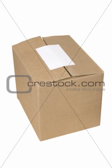 closed shipping cardboard box whit white empty label