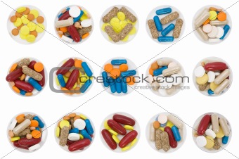 differently colored and shaped pills