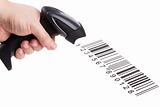 The manual scanner of bar codes in man hand