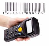 Electronic manual scanner of bar codes in woman hand