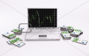 White laptop with chart and stacks of euros 3d