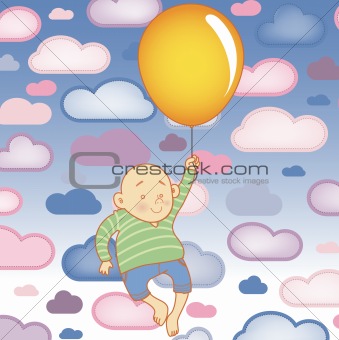 Young Child boy with balloon with Clouds Background