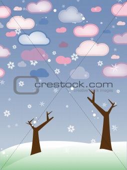 Retro Snowy Landscape with Leafless Trees - Season Winter