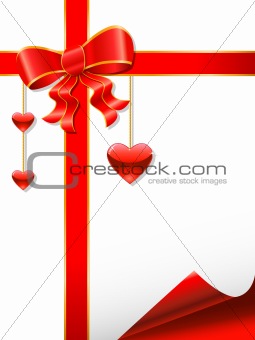 red ribbon with bow, hanging hearts and red corner on white background