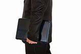 Businessman holding laptops in hand. Close -up. 
