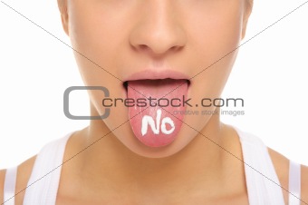 Woman puts out the tongue with an inscription no