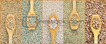 Collage of dried lentils, peas, soybeans, beans with wooden spoon